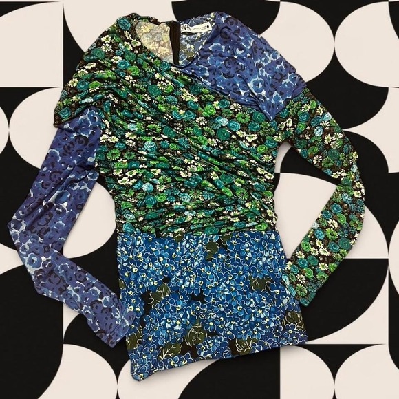 Zara blue‎ & green floral print ruched long sleeve top - Size M- excellent - Picture 2 of 5